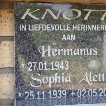 KNOTT Hermanus 1943- &amp; Sophia Aletta 1939-2011