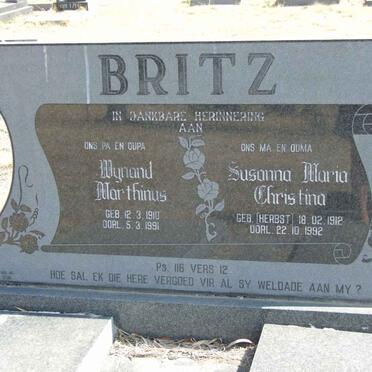 BRITZ Wynand Marthinus 1910-1991 &amp; Susanna Maria Christina HERBST 1912-1992