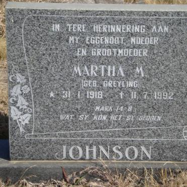 JOHNSON Martha M. nee GREYLING 1918-1992