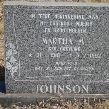 JOHNSON Martha M. nee GREYLING 1918-1992