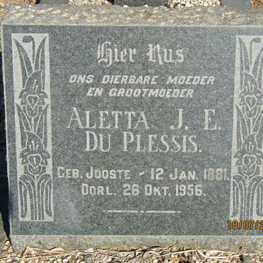 PLESSIS Aletta J. E., du nee JOOSTE 1881-1956