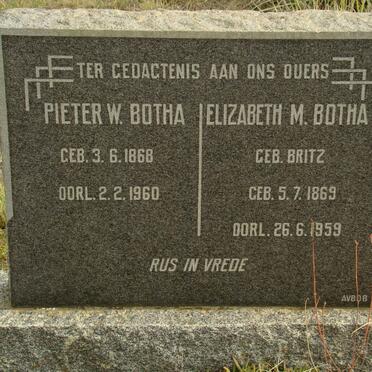 BOTHA Pieter W. 1868-1960 &amp; Elizabeth M. BRITZ 1869-1959
