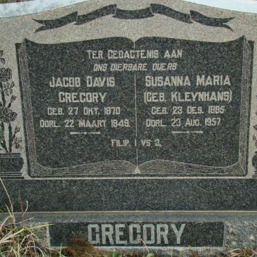 GREGORY Jacob Davis 1870-1949 &amp; Susanna Maria KLEYNHANS 1885-1957