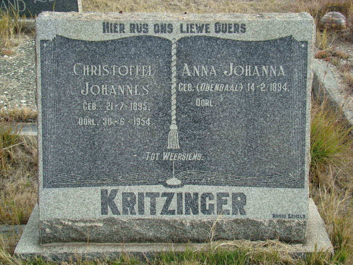 KRITZINGER Christoffel Johannes 1895-1954 &amp; Anna Johanna ODENDAAL 1894-