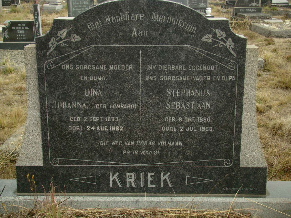 KRIEK Stephanus Sebastiaan 1880-1960 &amp; Dina Johanna LOMBARD 1883-1962