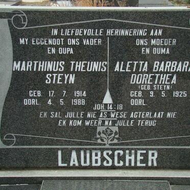 LAUBSCHER Marthinus Theunis Steyn 1914-1988 &amp; Aletta Barbara Dorethea STEYN 1925-