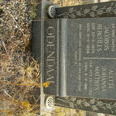ODENDAAL Jacobus Hercules 1909-1956 &amp; Aletta Johanna Matthys UYS 1912-1961