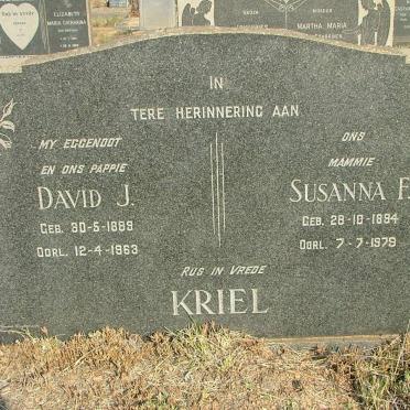 KRIEL David J. 1889-1963 &amp; Susanna F. 1894-1979