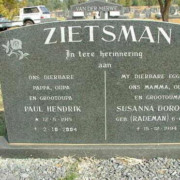 ZIETSMAN Paul Hendrik 1915-2004 &amp; Susanna Dorothea RADEMAN 1922-1994