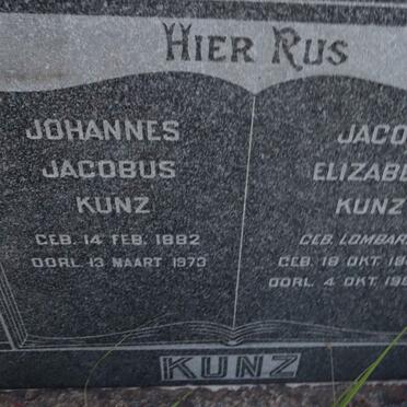 KUNZ Johannes Jacobus 1882-1973 & Jacoba Elizabeth LOMBARD 1887-1954