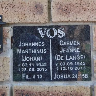 VOS Johannes Marthinus 1942-2015 &amp; Carmen Jeanne DE LANGE 1945-2013