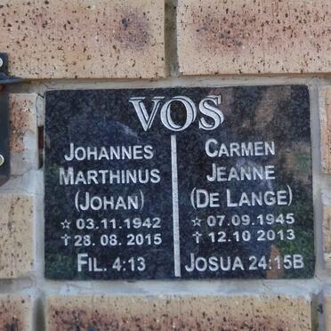 VOS Johannes Marthinus 1942-2015 &amp; Carmen Jeanne DE LANGE 1945-2013