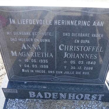 BADENHORST Christoffel Johannes 1940-2006 &amp; Anna Magarietha 1935-1998