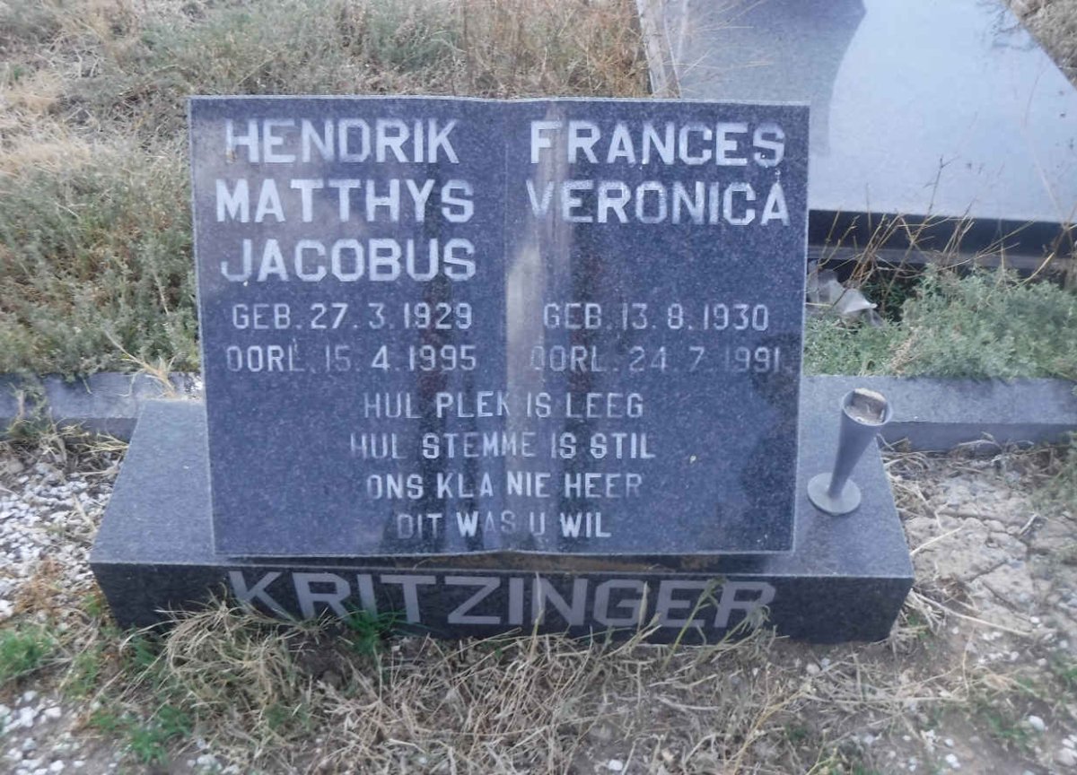 KRITZINGER Hendrik Matthys Jacobus 1929-1995 &amp; Frances Veronica 1930-1991