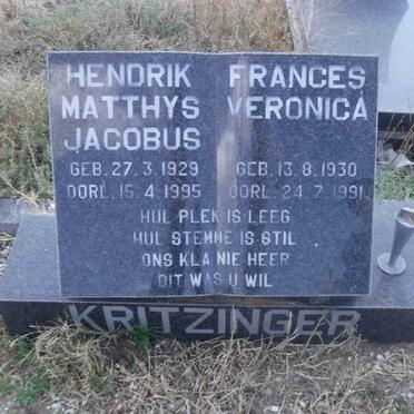 KRITZINGER Hendrik Matthys Jacobus 1929-1995 &amp; Frances Veronica 1930-1991