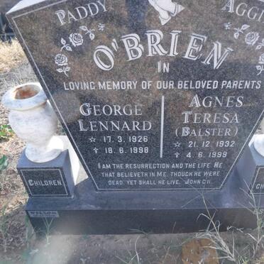 O'BRIEN George Lennard 1926-1998 &amp; Agnes Theresa BALSTER 1932-1999
