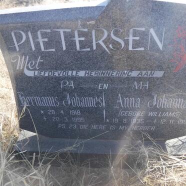 PIETERSEN Hermanus JOhannes 1918-1995 &amp; Anna Johanna WILLIAMS 1935-1994