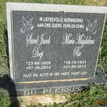 PLESSIS Sarel Jacob, du 1929-2014 &amp; Maria Magdalena 1931-2013