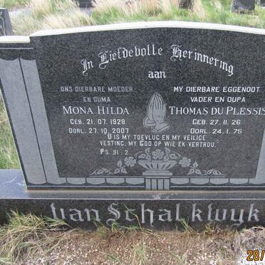 SCHALKWYK Thomas du Plessis, van 1926-1975 &amp; Mona Hilda 1928-2007