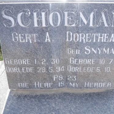 SCHOEMAN Gert A. 1930-1994 &amp; Dorethea A. SNYMAN 1911-1999