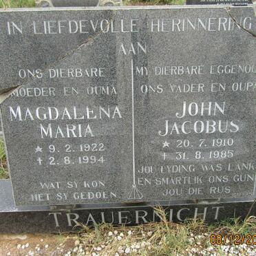 TRAUERNICHT John Jacobus 1910-1985 &amp; Magdalena Maria 1922-1994