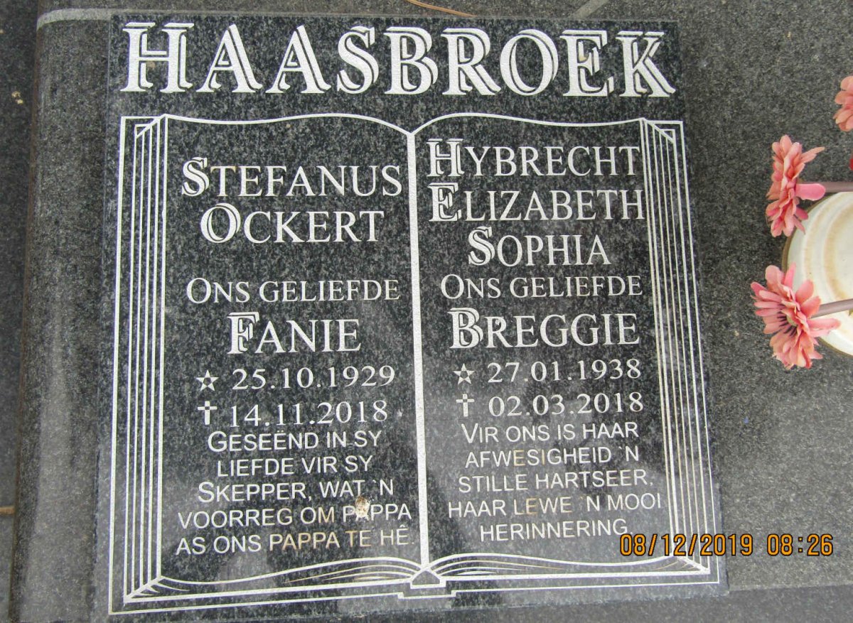 HAASBROEK Stefanus Ockert 1929-2018 &amp; Hybrecht Elizabeth Sophia 1938-2018