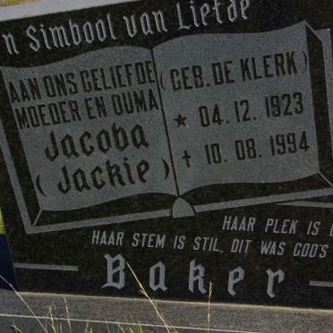 BAKER Jacoba nee DE KLERK 1923-1994
