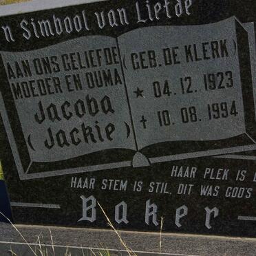 BAKER Jacoba nee DE KLERK 1923-1994
