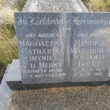 MERWE Magdalena Catharina, van der voorheen BOTHA 1897-1970 :: BOTHA Hendrik Marthinus 1923-1980