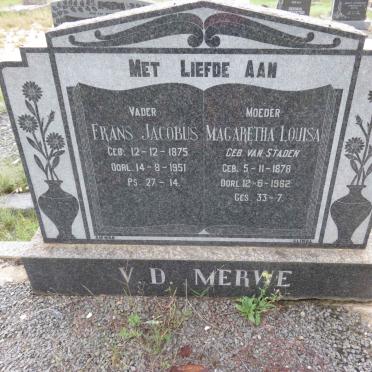 MERWE Frans Jacobus, v.d. 1875-1951 &amp; Magaretha Louisa VAN STADEN 1878-1962