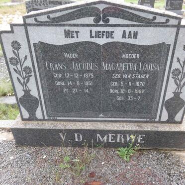 MERWE Frans Jacobus, v.d. 1875-1951 &amp; Magaretha Louisa VAN STADEN 1878-1962