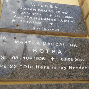WILKEN Johan Georg 1930-2009 &amp; Aletta Susanna 1932- :: BOTHA Martha Magdalena 1925-2012