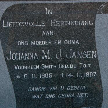 JANSEN Johanna M.J. voorheen SMITH nee DU TOIT 1905-1987
