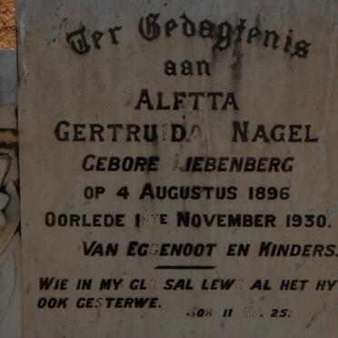 NAGEL Aletta Gertruida nee LIEBENBERG 1896-1930