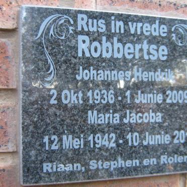 ROBBERTSE Johannes Hendrik 1936-2009 &amp; Maria Jacoba 1942-2012