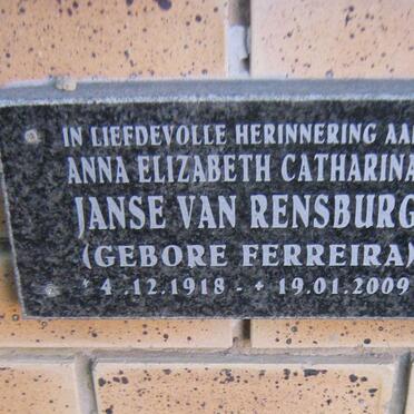 RENSBURG Anna Elizabeth Catharina, Janse van nee FERREIRA 1918-2009