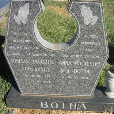 BOTHA Adriaan Jacobus Lourence 1938-1994 &amp; Anna Magrietha BOTHA 1943-2014