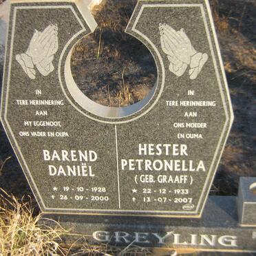 GREYLING Barend Daniel 1928-2000 &amp; Hester Petronella GRAAFF 1933-2007