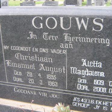 GOUWS Christiaan Emanuel August 1895-1963 &amp; Aletta Magdalena 1909-2008