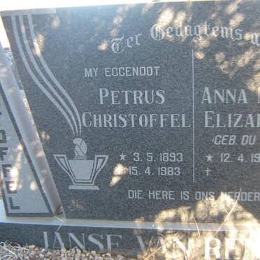 RENSBURG Petrus Christoffel, Janse van 1893-1983 &amp; Anna Maria Elizabeth DU TOIT 1916-