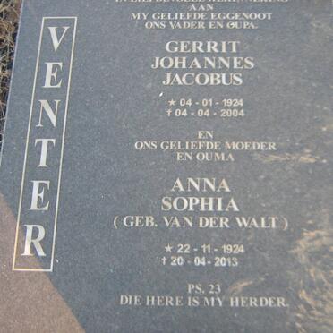 VENTER Gerrit Johannes Jacobus 1924-2004 &amp; Anna Sophia VAN DER WALT 1924-2013