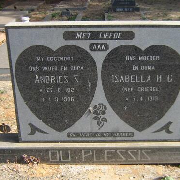 PLESSIS Andries S., du 1921-1986 &amp; Isabella H.C. GRIESEL 1919-