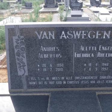 ASWEGEN Andries Albertus, van 1950-2010 &amp; Aletta Engela Fredrica RHEEDER 1948-1997