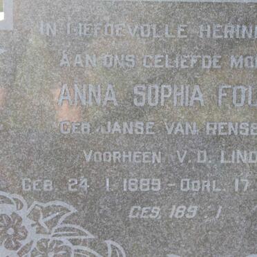 FOURIE Anna Sophia voorheen V.D. LINDE nee JANSE VAN RENSBURG 1889-1968