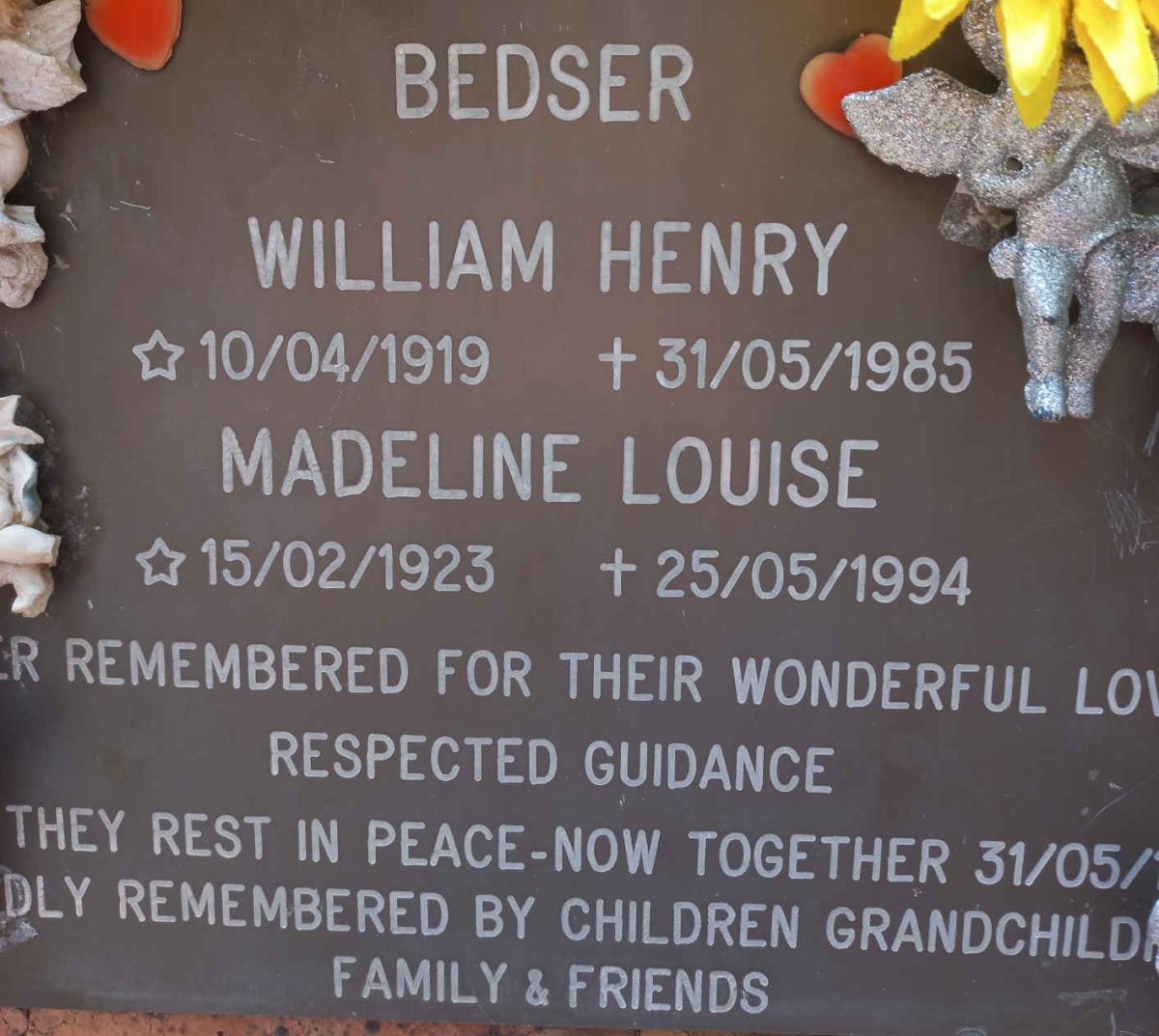 BEDSER William Henry 1919-1985 &amp; Madeline Louise 1923-1994