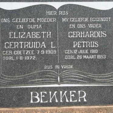 BEKKER Gerhardus Petrus 1910-1953 &amp; Elizabeth Gertruida L. COETZEE 1909-1972