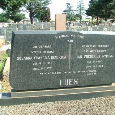 LUES Jan Frederick Rykers 1910-1968 &amp; Susanna Francina Hendrika 1909-1975
