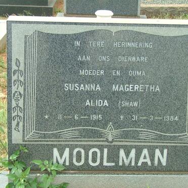 MOOLMAN Susanna Mageretha Alida nee SHAW 1915-1984