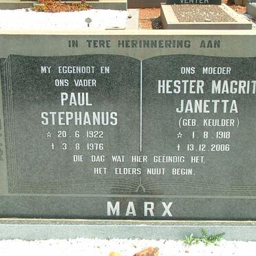 MARX Paul Stephanus 1922-1976 &amp; Hester Magrita Janetta KEULDER 1918-2006