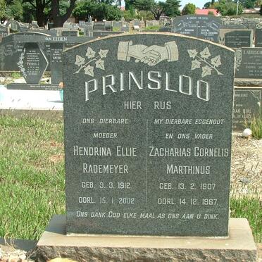 PRINSLOO Zacharias Cornelis Marthinus 1907-1967 &amp; Hendrina Ellie RADEMEYER 1912-2002